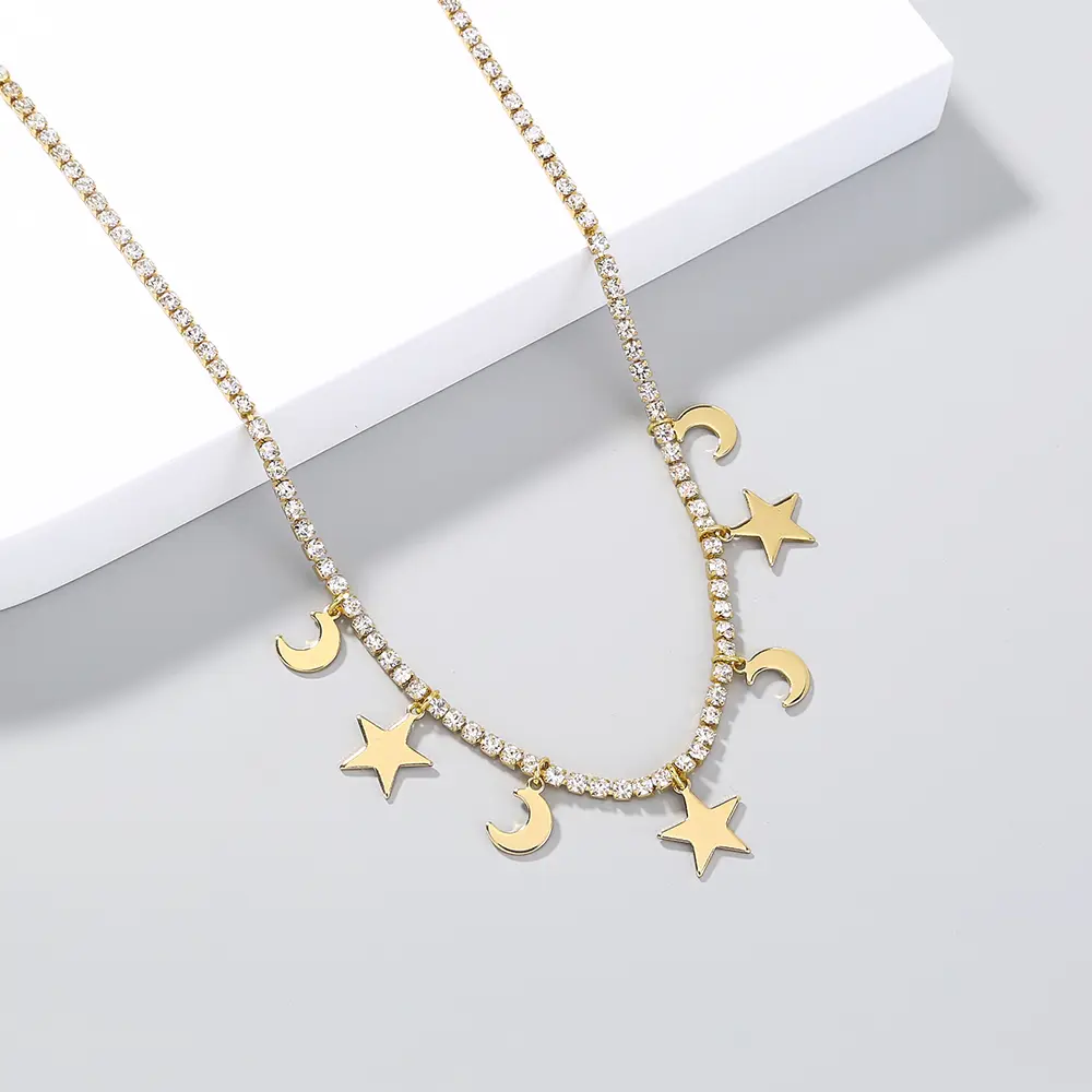 Single-layered Star, Moon, white diamond necklace