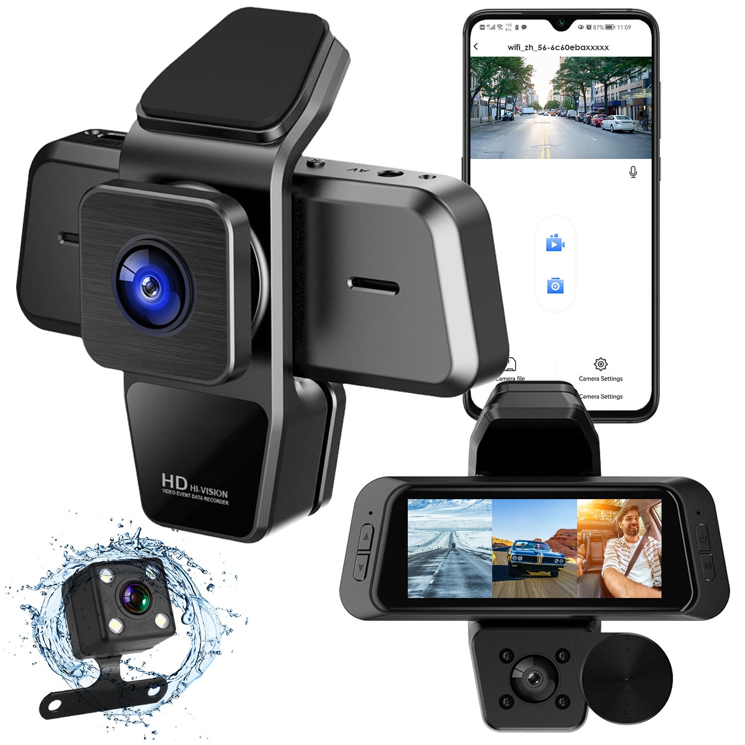 1080P FHD 3 Channel WiFi Dash Cam 170 Degree Wide Angle Triple Car Camera With IR Night G Sensor Motion Detection Loop Recording App Control Support 128G Max