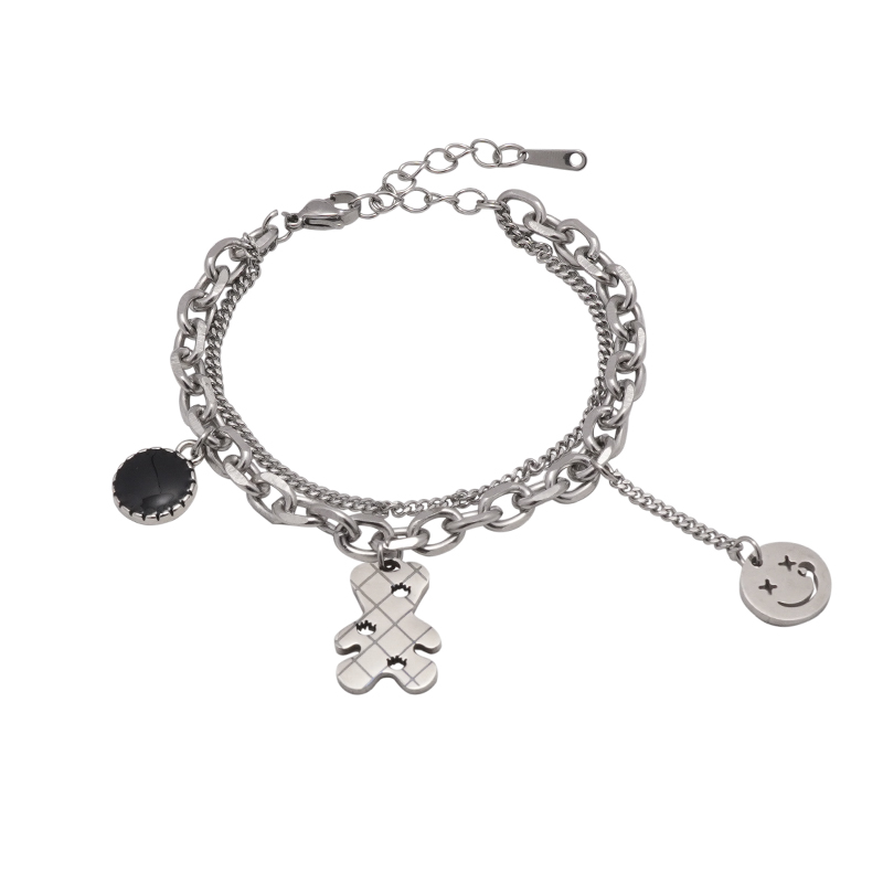 Checked Bear Smiley Face Titanium Steel Double Layered Bracelet