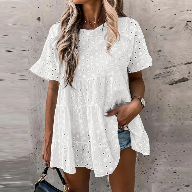 Women's V neck Lace Cotton And Linen Short sleeved Shirt White - Shop at LoveMi
