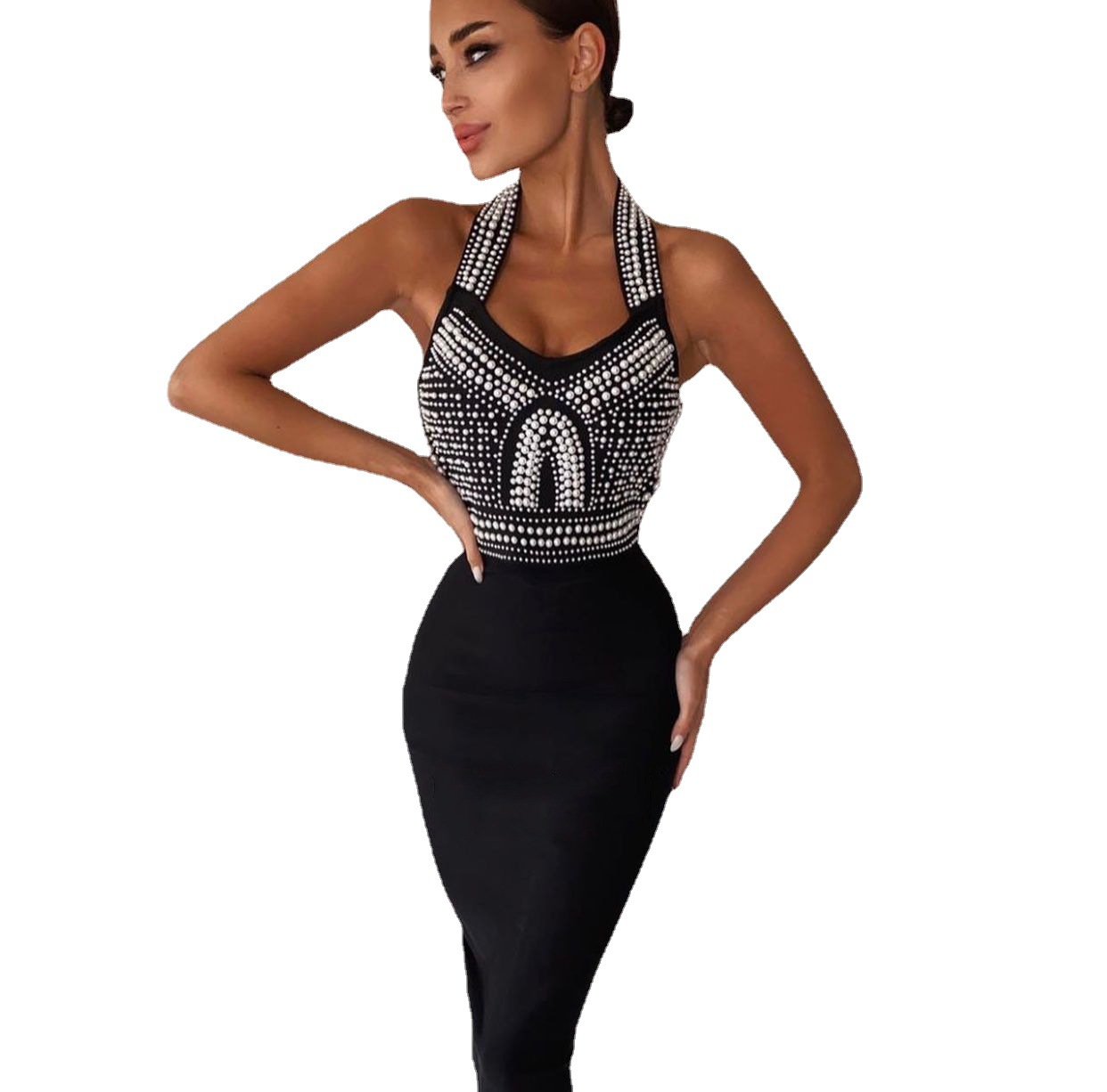 Beaded Halter Pencil Dress