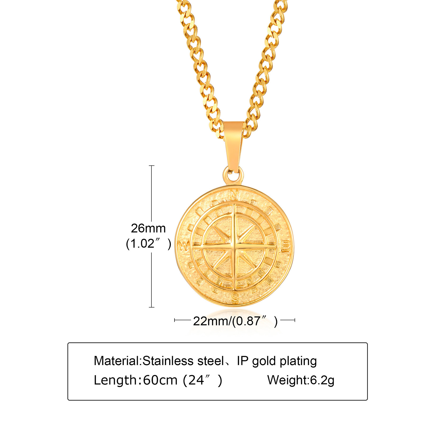Stainless Steel Compass Pendant Gold Necklace