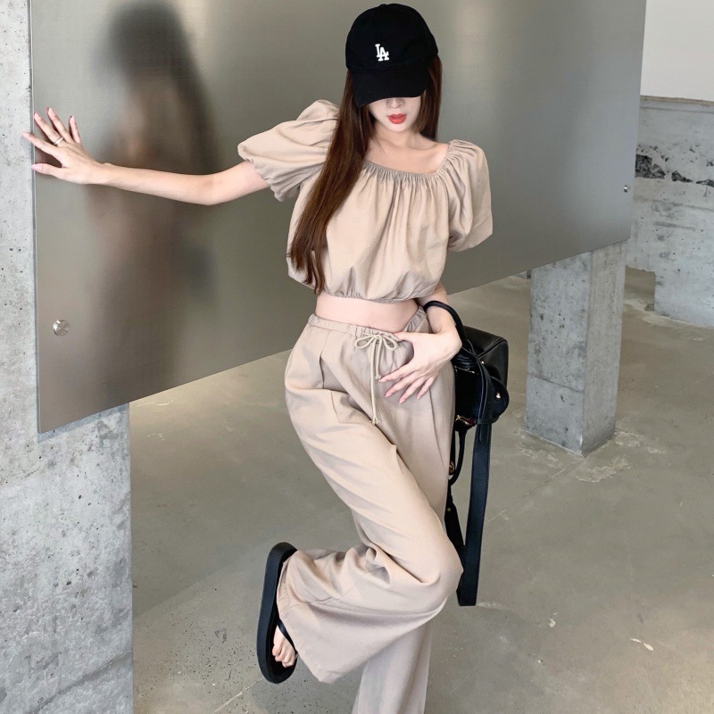 Women's Retro Puff Sleeve Waist Short Top Wide Leg Suit