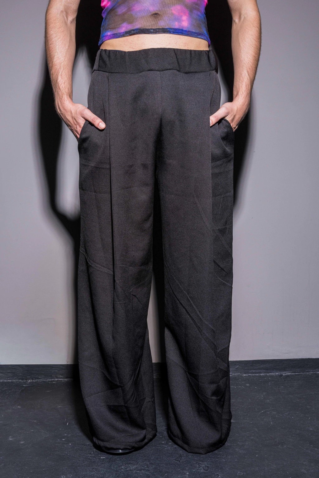 Black Elastic Waist Pleated Draped Wide Leg Suit Pants