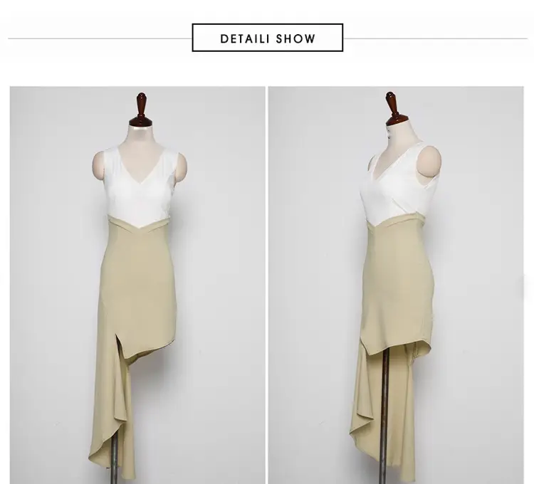 Temperament V-neck High-waisted Color-blocking Irregular Vest Skirt