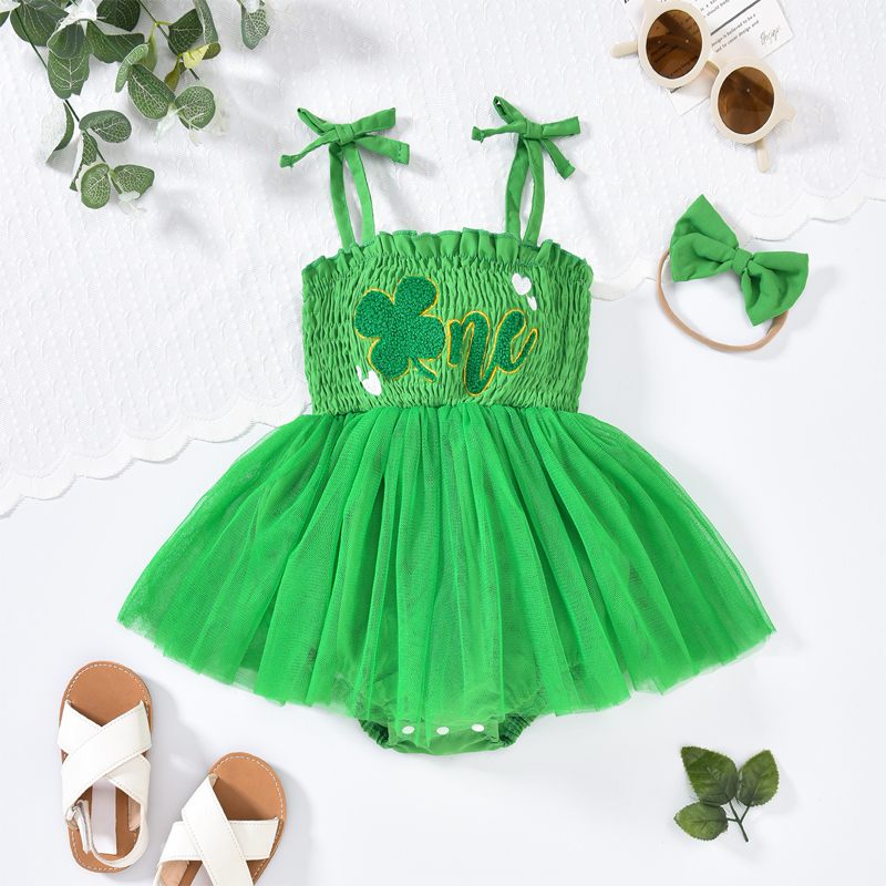 Baby Girl's Clover Embroidered Dress & Headband Set, Sleeveless Ruffle Romper With Tulle Skirt
