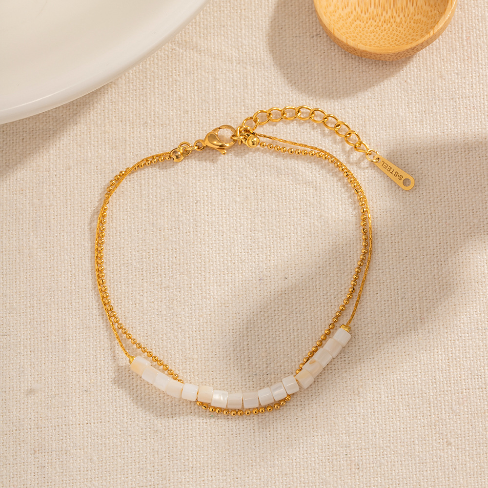 18K Gold Stainless Steel Double-layer Cylindrical Shell Beaded Anklet - Image 7