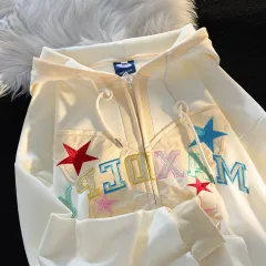 American Retro Alphabet Butterfly Patch Embroidered Hoodie - Apricot - View 1