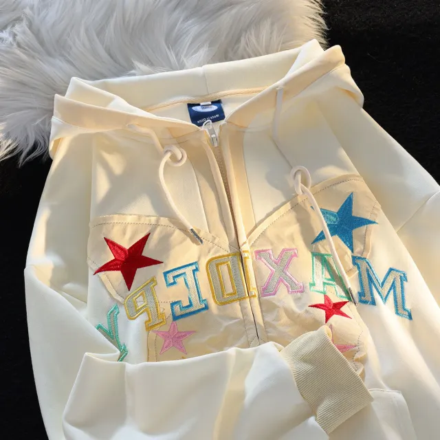 American Retro Alphabet Butterfly Patch Embroidered Hoodie Apricot - Shop at LoveMi
