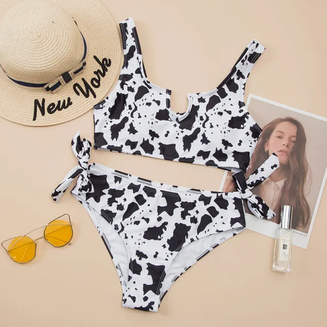 Split Cow Print Bow Bikini Swimsuit Women Black - Shop at LoveMi