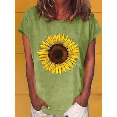 Women's Sunflower Print Short Sleeve T-Shirt - Summer Casual Round Neck Blouse - Green - View 1