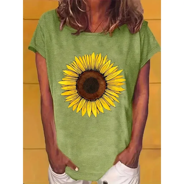 Women's Sunflower Print Short Sleeve T Shirt Summer Casual Round Neck Blouse Green - Shop at LoveMi