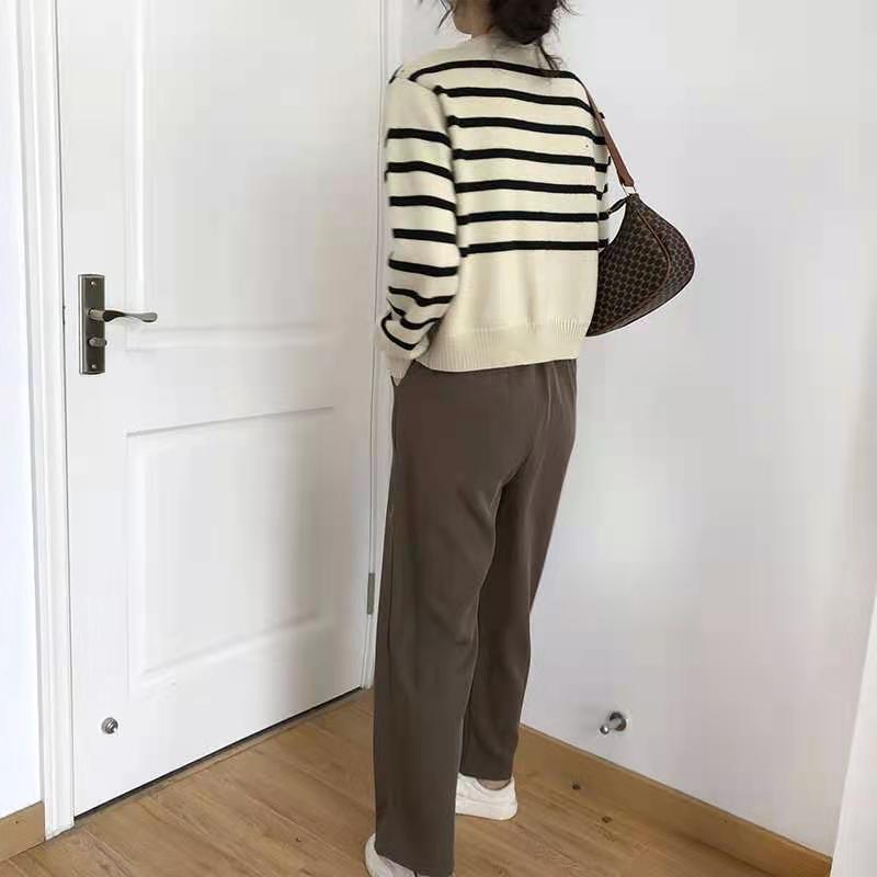 Striped Round Neck Women's Knitted Sweater Coat