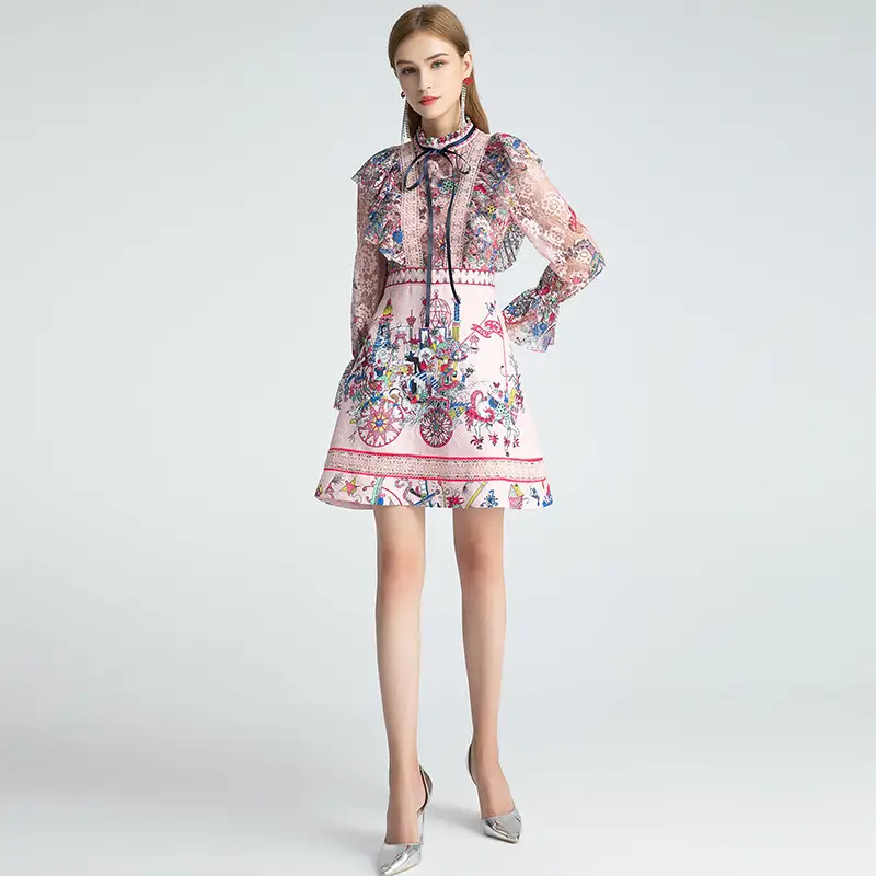 Ruffle Stitching Lace Dress Printed Stand Collar Waist