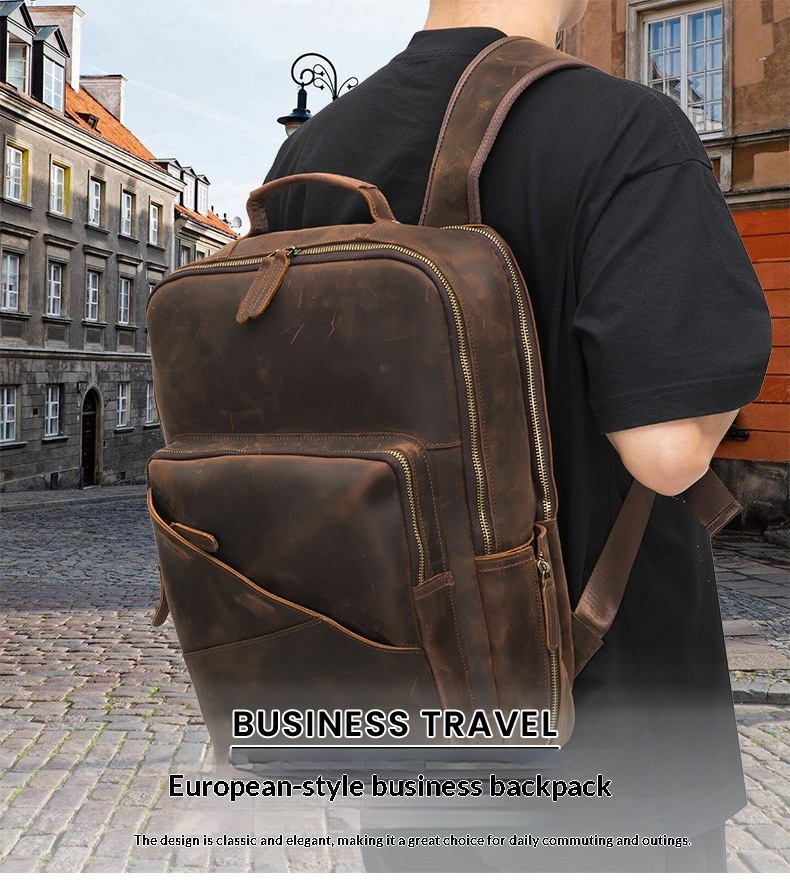 Leather Men's Computer Backpack, Leather Large Capacity Men's Business Travel Bag, Cowhide Backpack 2