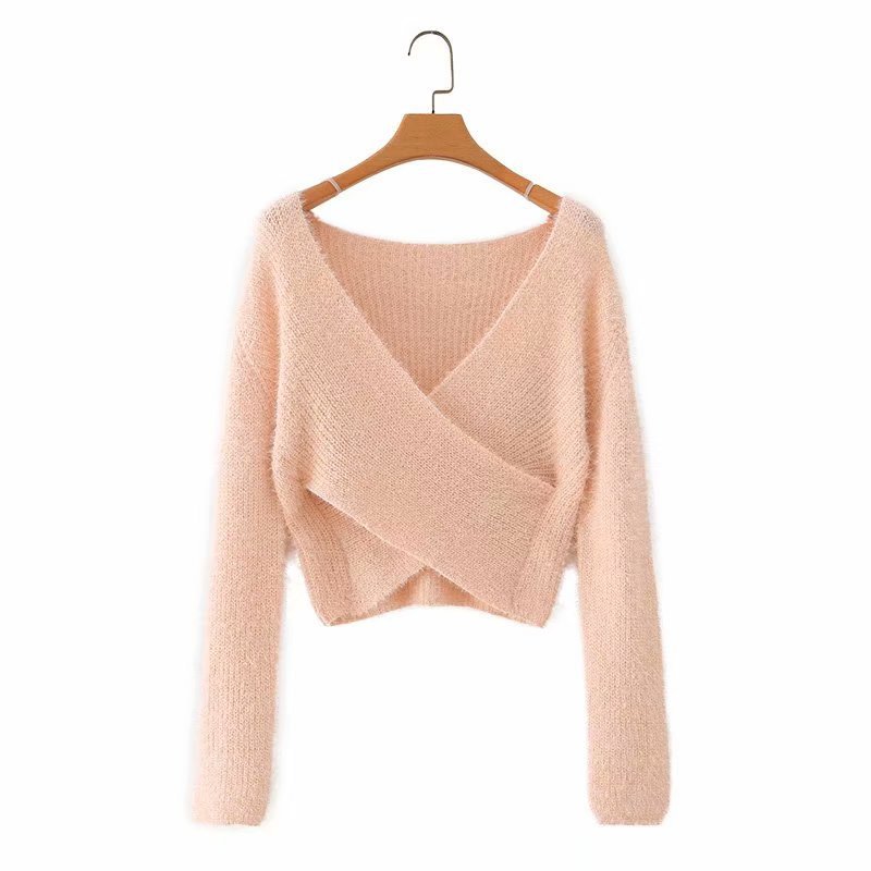 Sexy Cross V-neck Long Sleeve Top Knitted Sweater