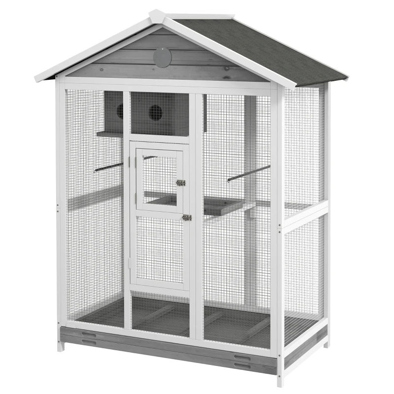 Wooden Bird Cage Aviary, Flight Cage With 4 Perches, Nest And Slide-Out Tray For Indoor Outdoor, Gray