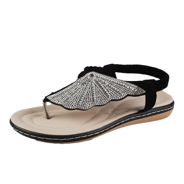 New Rhinestone Shell Flip Flops Sandals Summer Beach Shoes For Women Fashion Casual Low Heel Flat Slides Slippers Black - Shop at LoveMi
