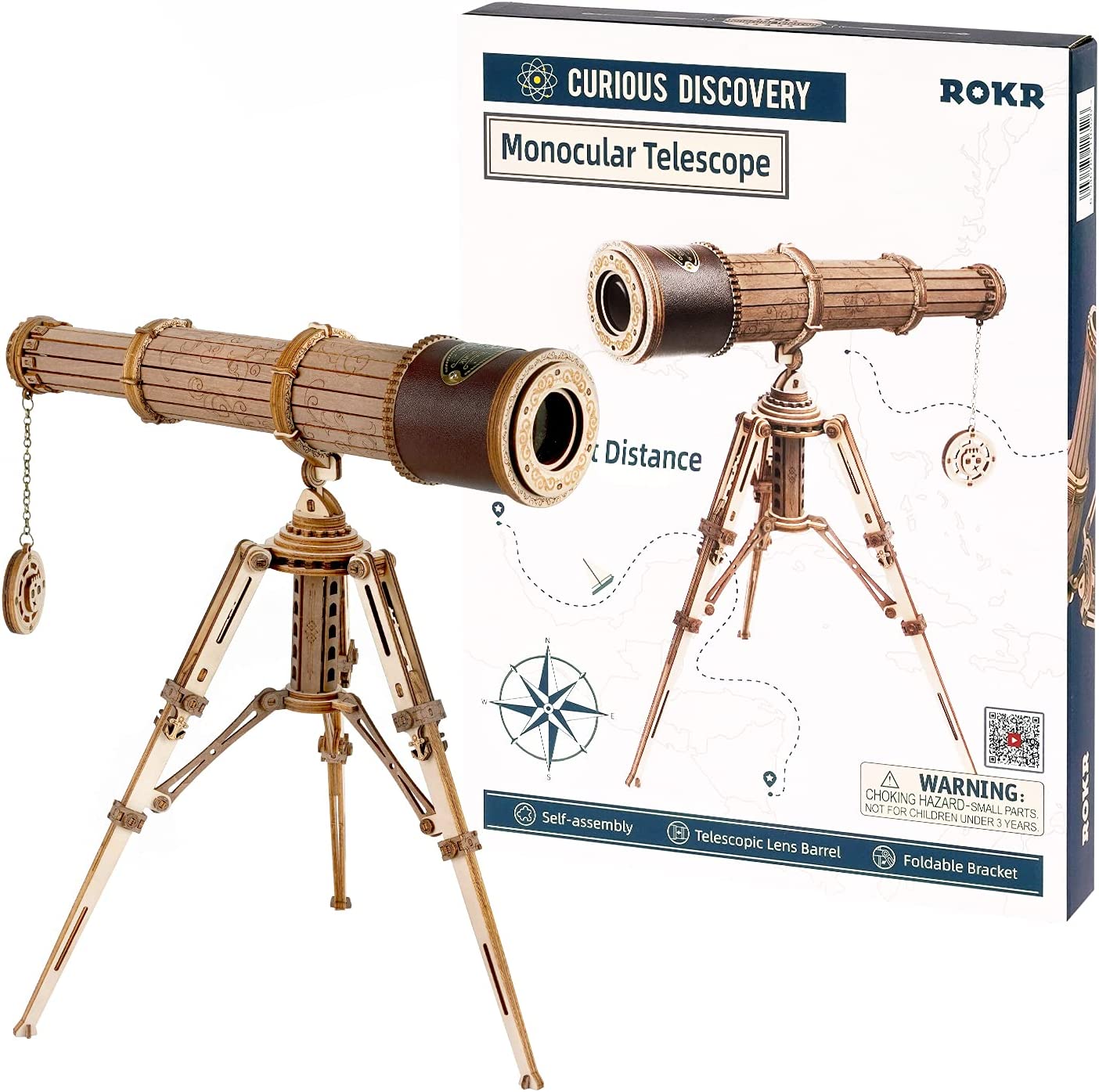 ROKR 3D Puzzles For Adults Wooden Telescope Building Model Kit With Tripod For Adults -3X Magnification Science Kit Gifts