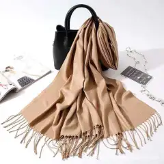 Imitation Cashmere Scarf Women's Solid Colour Fringed Warm Dual-use Shawl - Khaki - View 1