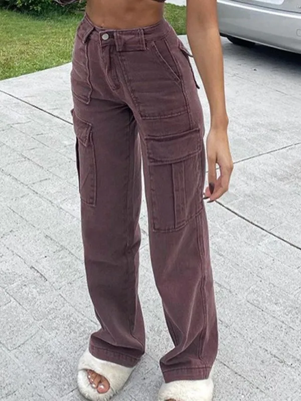 Women's Pants Solid Color Pocket Stitching Basic Casual Loose Mid waist Jeans Brown - Shop at LoveMi