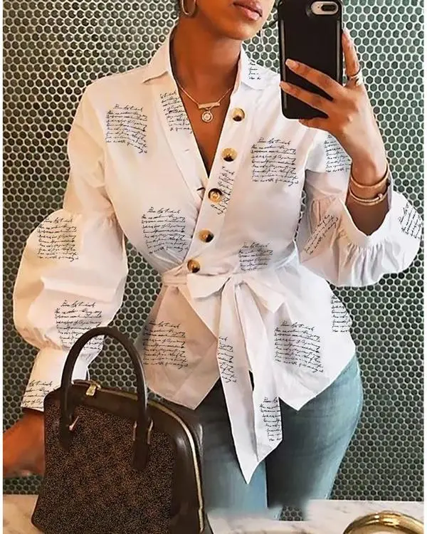 Long V Neck Balloon Sleeve Button Print Shirt White - Shop at LoveMi