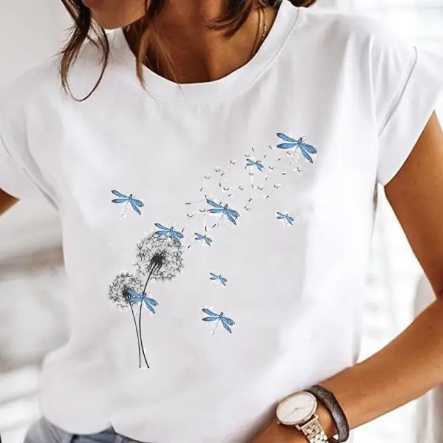 New Women's Round Neck Loose Creative Colorful T shirt White18 - Shop at LoveMi
