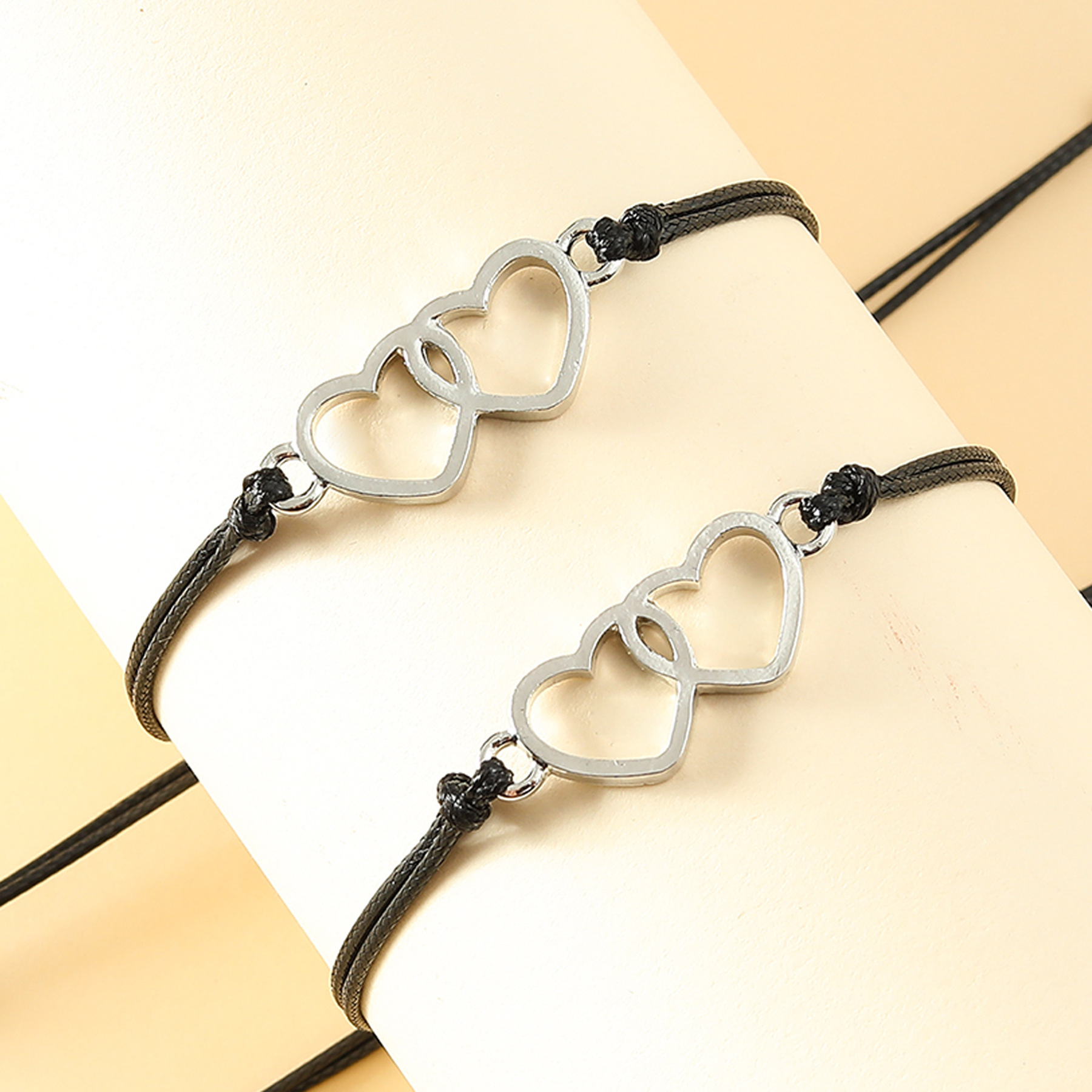 Good Sisters Card Alloy Double Heart Wax Line Bracelet