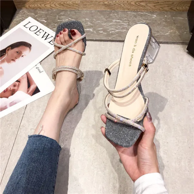 Open toed two wear half drag fashion crystal high heel sandals Silver - Shop at LoveMi