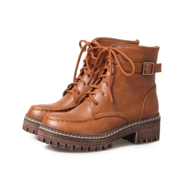 British style retro lace up short boots female belt buckle Brown - Shop at LoveMi