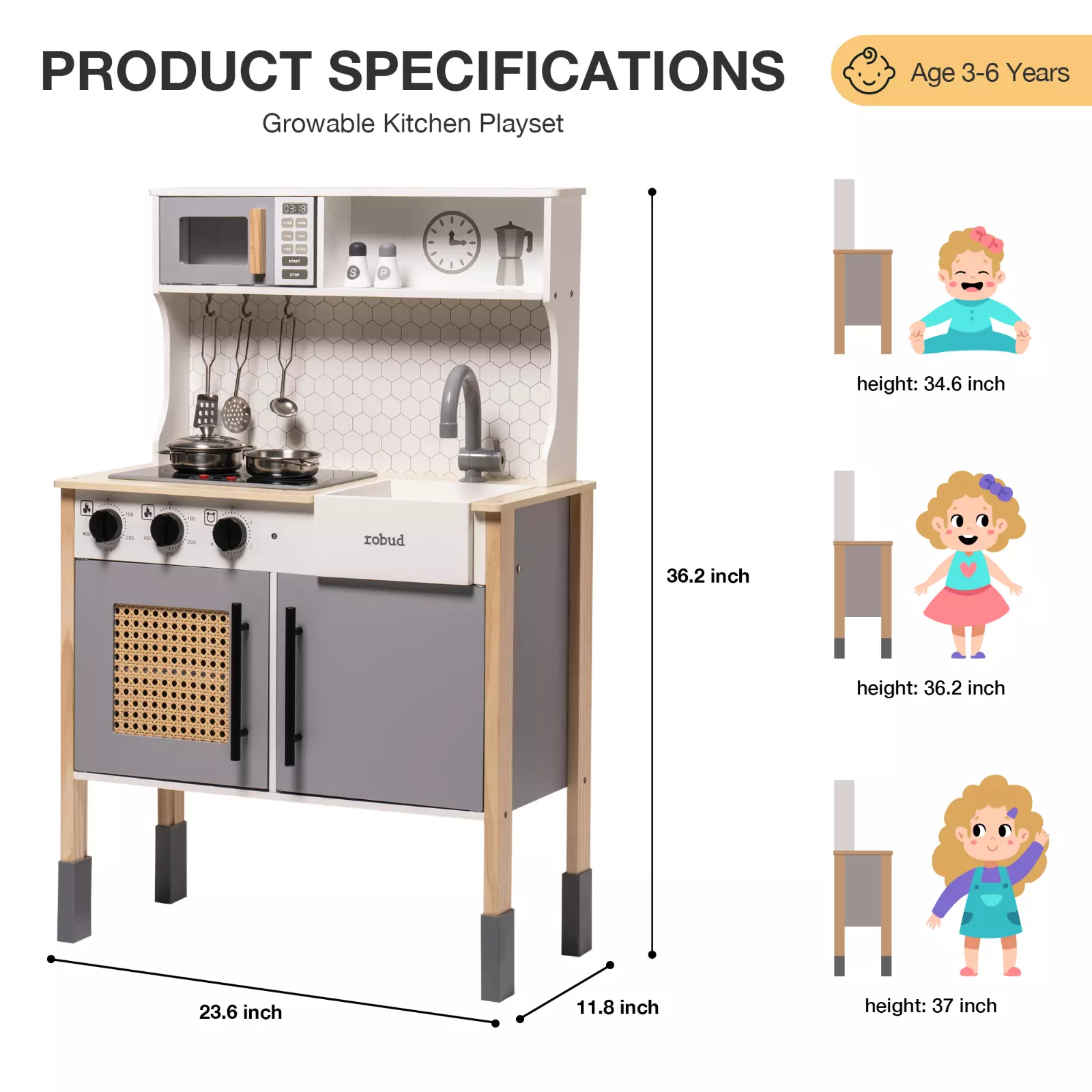 DIY Kitchen Cooking Toy Set Gray. Product Name: Children's Kitchen Chef Pretend Playset. Topic: Kids Construction Toys. Brand Name: ROBOTIME. Material: Wood. Size: 22.8 x 11.4 x 24.4 inches. Weight: 20.3 pounds.