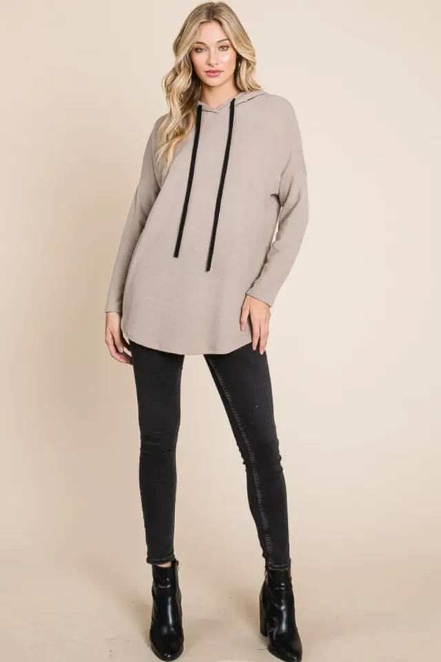 BOMBOM Contrast Drawstring Drop Shoulder Knit Hoodie Taupe - Shop at LoveMi
