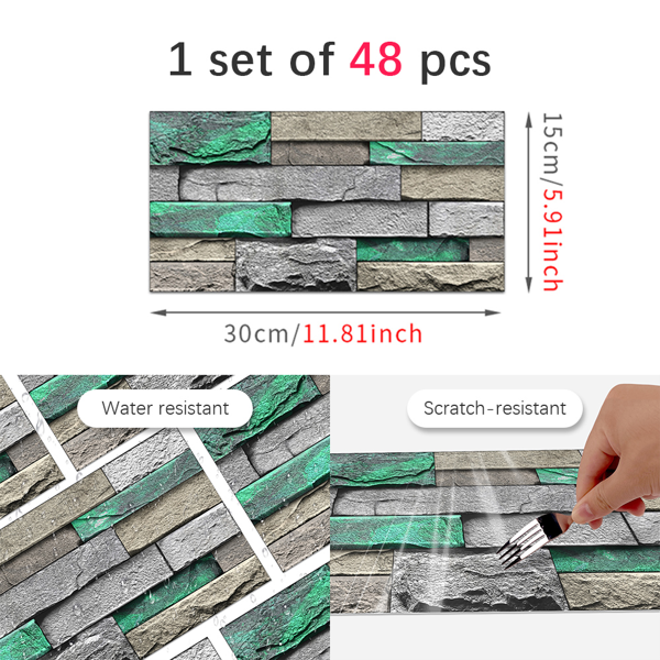PVC Green Brick And Stone Pattern Self-adhesive Wallpaper, Removable Without Leaving Glue, Peel And Stick Wallpaper_voghion.com