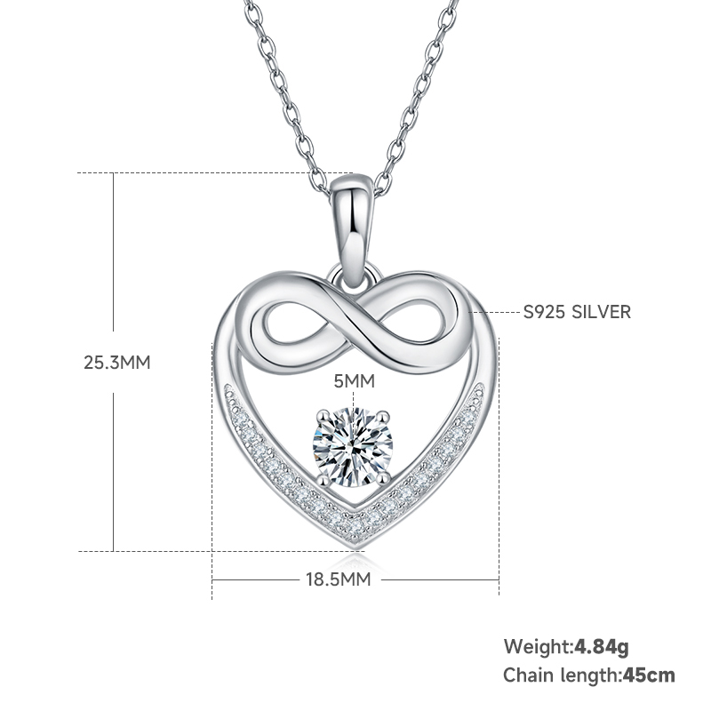 4.8g S925 Sterling Silver 5mm Moissanite Infinity Heart Necklace 45cm  17 Stones Pendant With GRA, Platinum Plated Jewelry Gift Box Set For Women