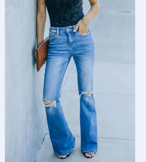 New Women's Denim Trousers with Ripped Holes and Washed