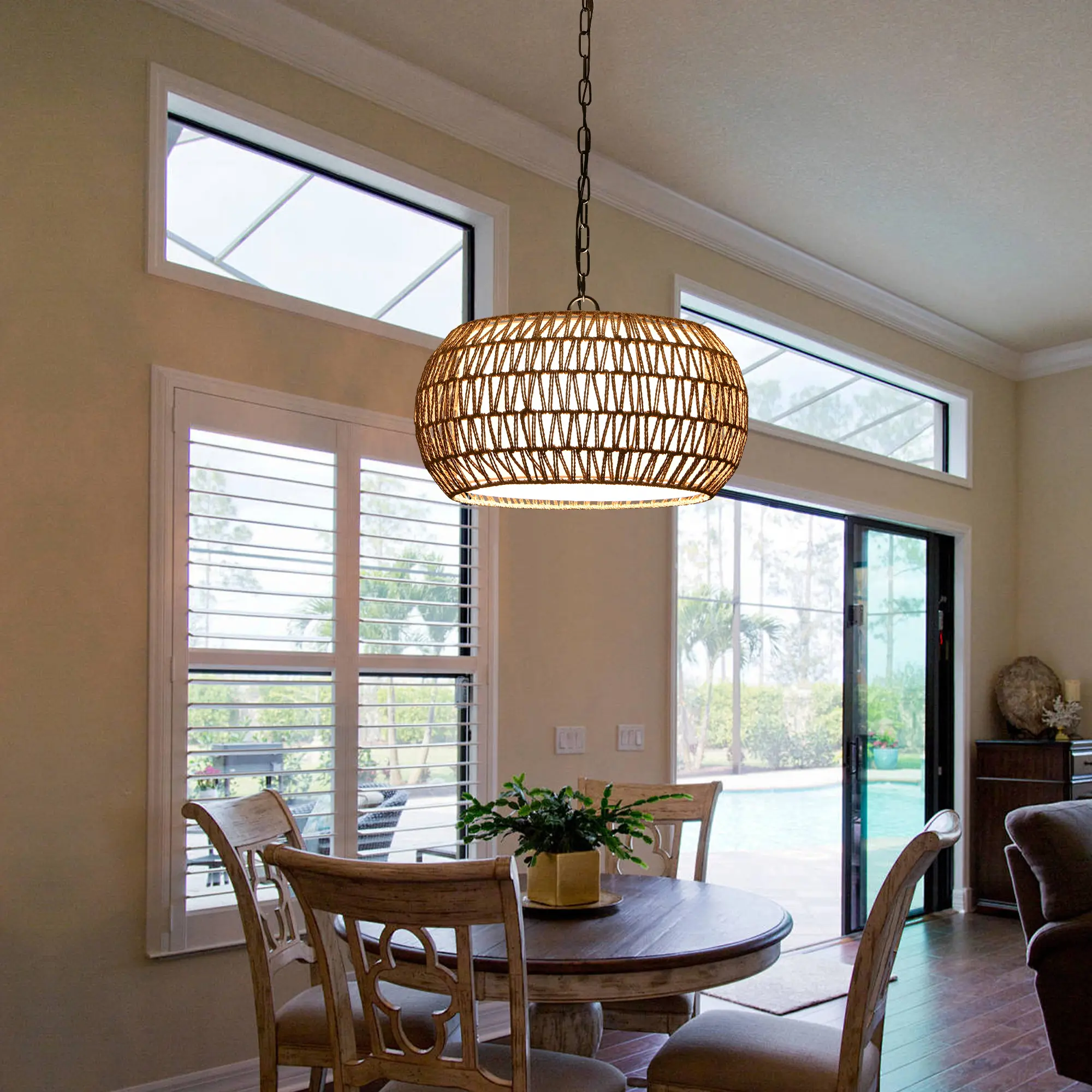 18inch Farmhouse Pendant Light With Adjustable Height, Boho Woven Jute Rope Hanging Ceiling Light Fixture, E26 Base, 60W Max, Compatible With Flat, Vaulted, And