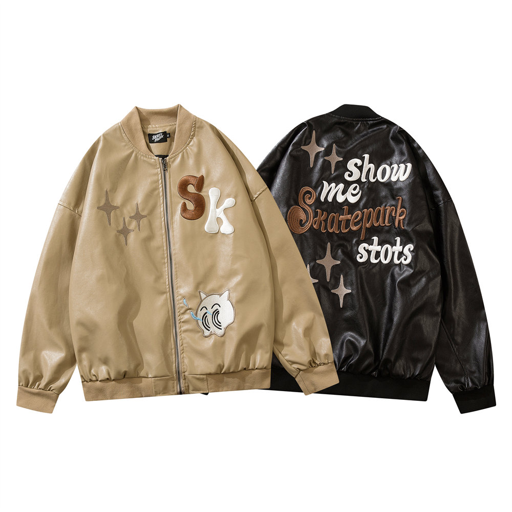 Patchwork Embroidered Panel PU Leather Jacket