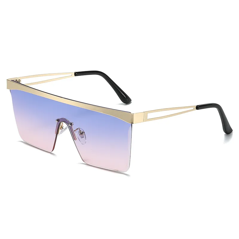 European And American Square Pair Sunglasses One-piece Lens - Gold Frame Purple Blue Powder