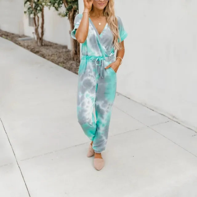 Tie Dye Printed V Neck Short Sleeved Casual Jumpsuit Green Tie Dye - Shop at LoveMi