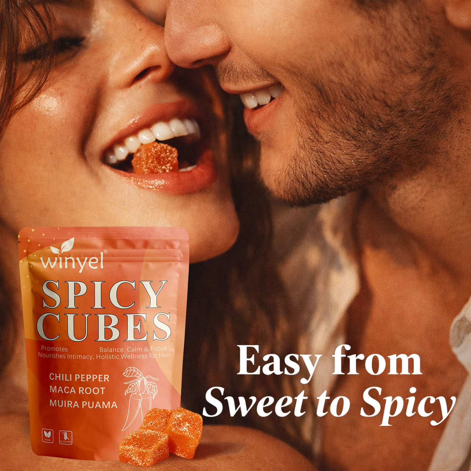 WINYEL Spicy Cubes, Intimacy Gummies With Chili Pepper, Muira Puama, Maca Root, Epimedium, Helps Promote Hormone Balance, Calmness And Intimacy Wellness, Peach Flavor, 30 Gummies