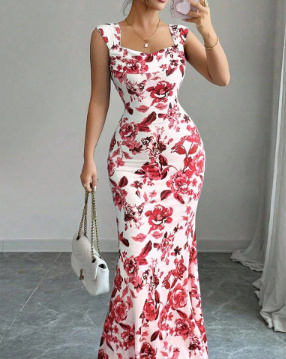Sweet And Fresh High-waisted Floral Print Tie-up Dress