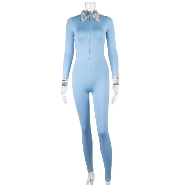 Solid Color Lapel Zip Tight Stretch Long Sleeve Yoga Dress Jumpsuit Blue - Shop at LoveMi