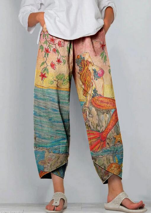 Cartoon Art Illustration Print Sew Pocket Hem Casual Pants