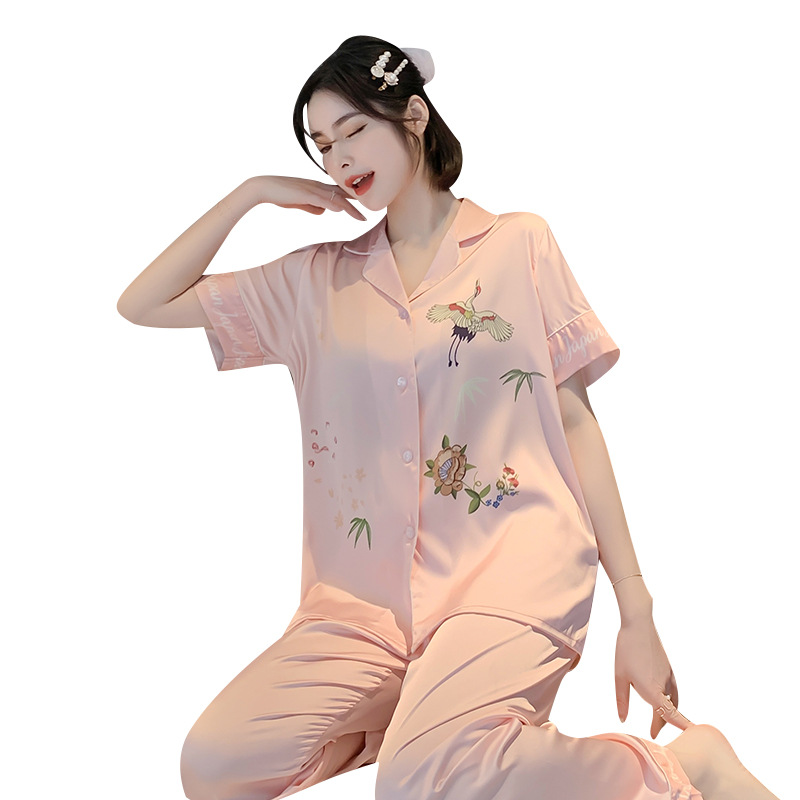 Title 4, Lapel Faux Silk Homewear Short Sleeve Pants Paj...