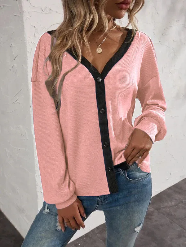 New Women's Top Waffle Long Sleeve Cardigan T-shirt - Nude