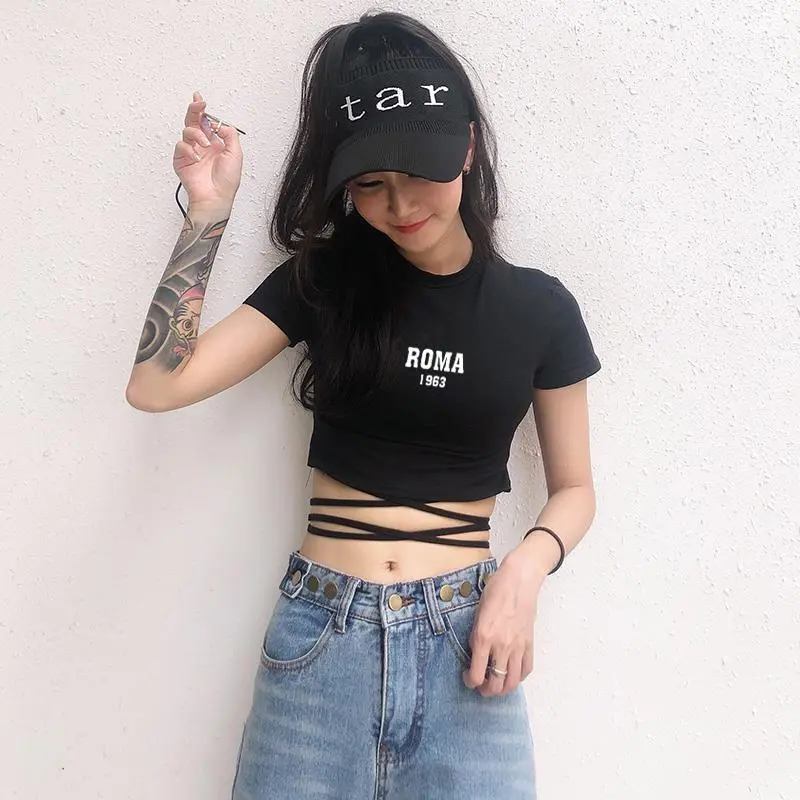 Women's Cropped Top Cropped Navel Bandage Short-sleeved T-shirt - Roma Black