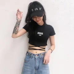 Women's Cropped Top Cropped Navel Bandage Short-sleeved T-shirt - Roma Black - View 1