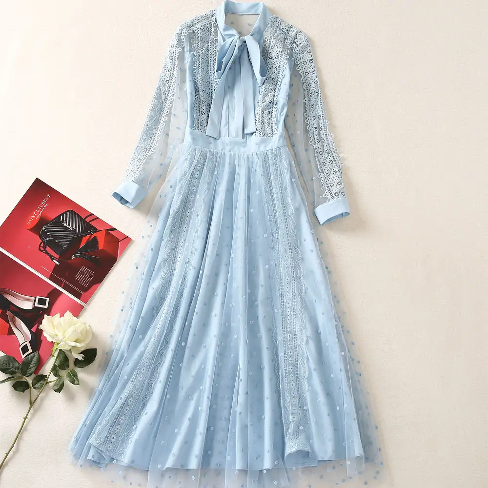 Lace Up Cutout Patchwork Polka Dot Mesh Long Sleeve Dress