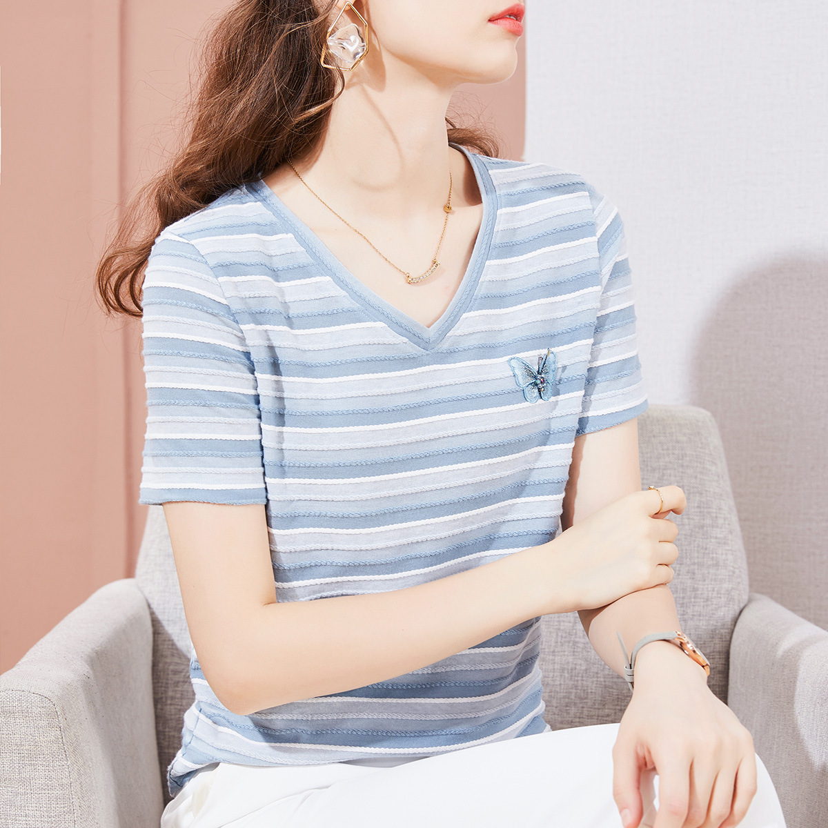 Title 5, Striped T-shirt Round Neck Butterfly Embroidere...