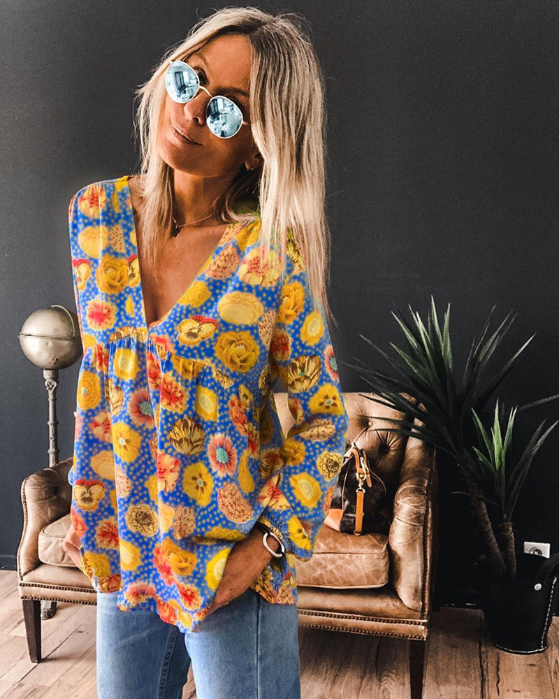 Small Floral Shirt New Digital Printing Flower Long-Sleeved Blouse Women's Clothing